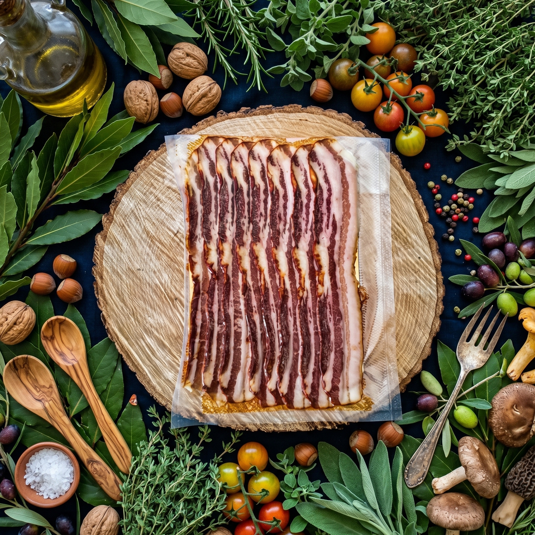 Pancetta ibérique marinée brunch ventrèche salaisons ibériques plateaux charcuteries jambon tranches jambon Espagnol 